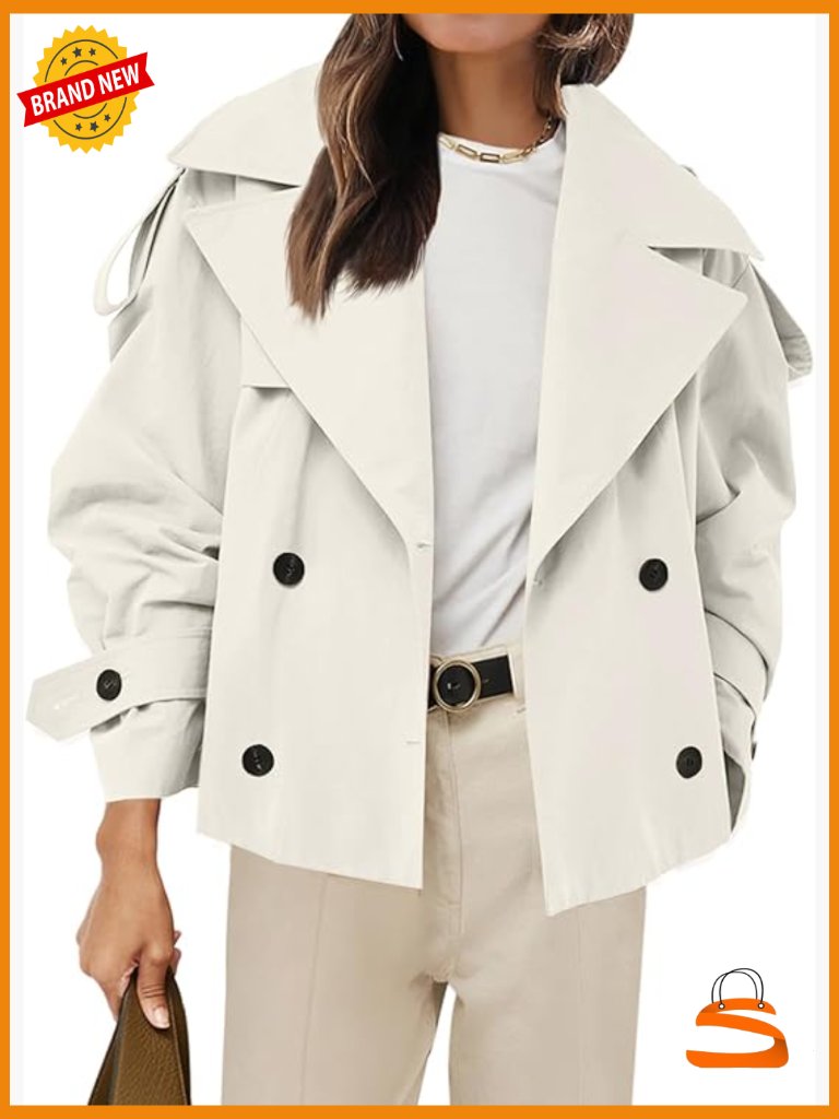 Cropped Trench Coat Double Breasted Short Jacket Fall Outerwear With Belt
